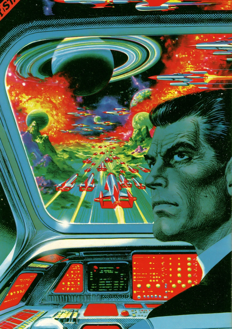 May include: A science fiction illustration featuring a person with dark hair looking out of a cockpit window at a space battle. Numerous red and silver rocket ships fly through a vibrant nebula with planets and rings visible in the dark sky.
