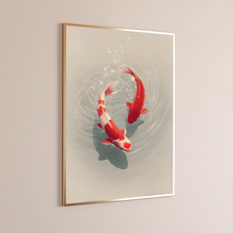 May include: A framed vertical wall art print featuring two koi fish swimming in a circular motion within light gray water. One fish is solid orange-red, while the other displays a white body with orange-red patches. Small bubbles rise to the surface.
