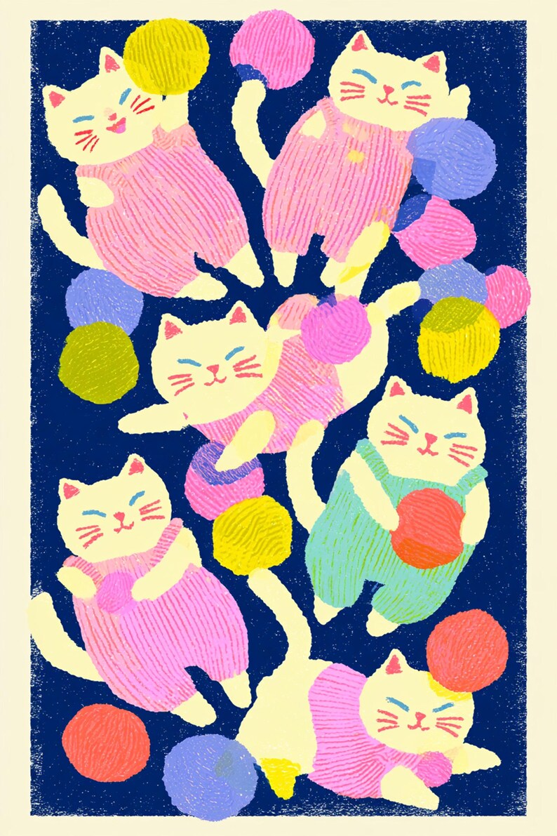 May include: A digital illustration on a dark blue background featuring six cream-colored cats wearing pink or light green overalls. The cats are depicted playing with various colorful yarn balls in shades of yellow, pink, purple, and orange.