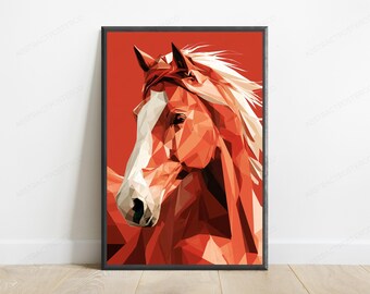 Red Horse Geometric Pop Art Print | Faceted Animal Portrait | Modern Wall Art Decor