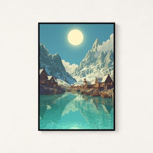 Puede incluir: Una impresi&oacute;n art&iacute;stica enmarcada que representa un sereno paisaje monta&ntilde;oso. La obra presenta monta&ntilde;as cubiertas de nieve, un sol brillante y un lago turquesa que refleja la escena. Peque&ntilde;os edificios de madera bordean el agua, creando una escena de pueblo tranquila.