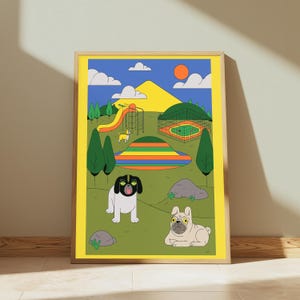 May include: A framed art print featuring a colorful outdoor park scene with a yellow sun, blue sky, green hills, a slide, and a fenced area. Two dogs are in the foreground: one black and white, the other beige. A striped mound sits in the center.