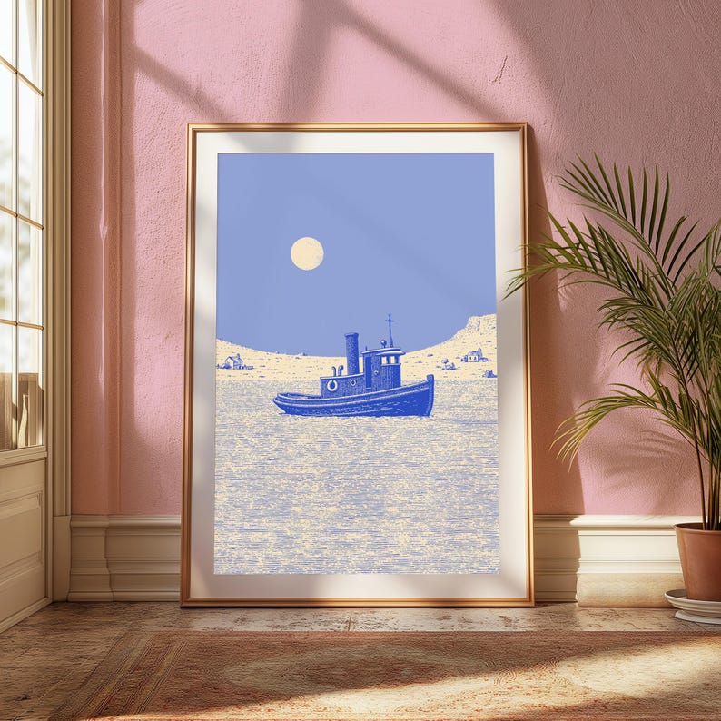 May include: A framed art print featuring a blue tugboat centered on a textured light yellow sea under a solid periwinkle sky with a pale yellow circular moon. The scene includes a distant shoreline with small structures under the blue sky.