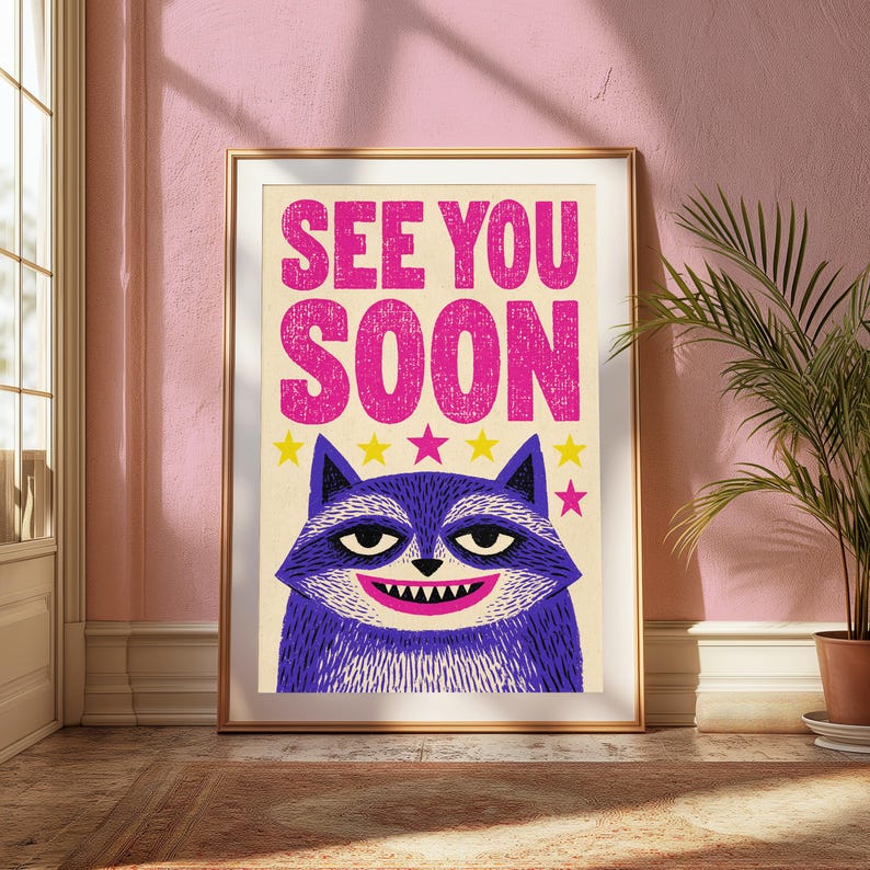See You Soon Grinning Cat Pop Art Print | Playful Blue Cat Wall Art | Fun Minimalist Home Decor | Digital Download A3 A2 A1 image 5
