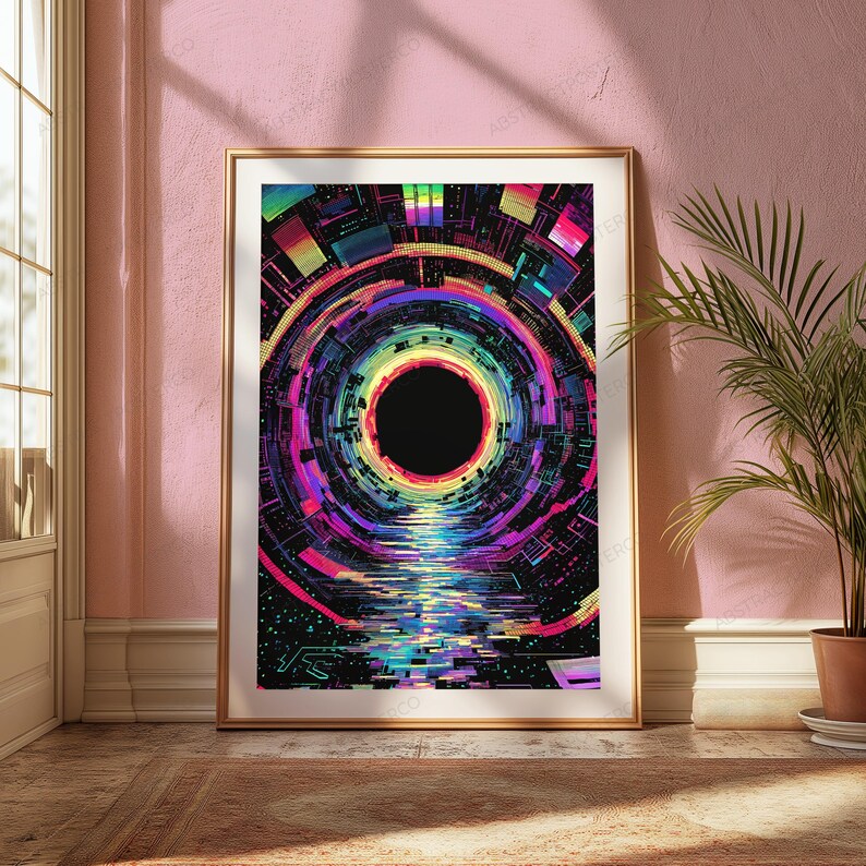 Puede incluir: Una impresi&oacute;n de arte mural vertical enmarcada que presenta una composici&oacute;n digital abstracta de un vac&iacute;o circular negro central rodeado por anillos conc&eacute;ntricos de colores ne&oacute;n vibrantes como magenta, cian, amarillo y azul, con un efecto de luz.