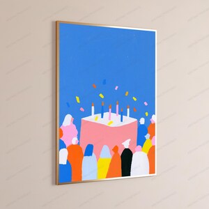 May include: A rectangular wall art print featuring a vibrant blue background with a large pink cake in the center topped with six lit candles. A crowd of stylized figures in various solid colors stands around the cake, with small yellow, pink, and blue confetti shapes scattered across the upper portion of the composition.