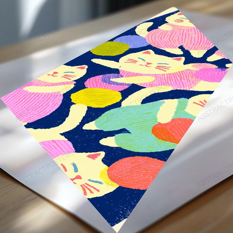 Playful Cats with Colourful Yarn Balls Pop Art Print | Whimsical Minimalist Wall Art | Cat Lover Gift Decor | Digital Download A3 A2 A1 image 2