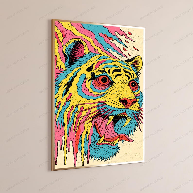 Neon Wildcat Pop Art Print | Psychedelic Tiger Wall Art | Vibrant Animal Illustration | Digital Download A3 A2 A1 image 3