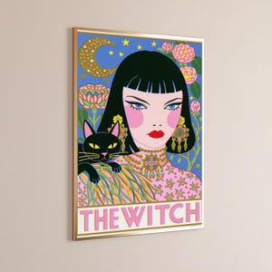 Mystical Witch with Black Cat Moon | Celestial Tarot Portrait | Witchy Wall Art Print | Digital Download A3 A2 A1 image 3