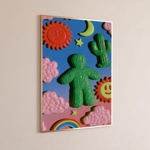 遊び心あふれるサボテンと雲の太陽のポップアートプリント | レトロな3Dウォールアート | 個性的なホームデコレーション | デジタルダウンロード A3 A2 A1 画像 3