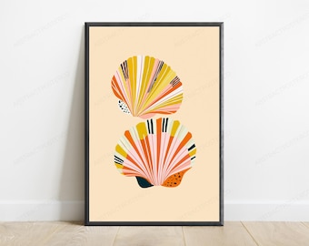Stampa astratta a forma di conchiglia con motivo a raggiera / Arte arancione, gialla e rosa / Decorazione murale geometrica minimalista / Download digitale A3 A2 A1