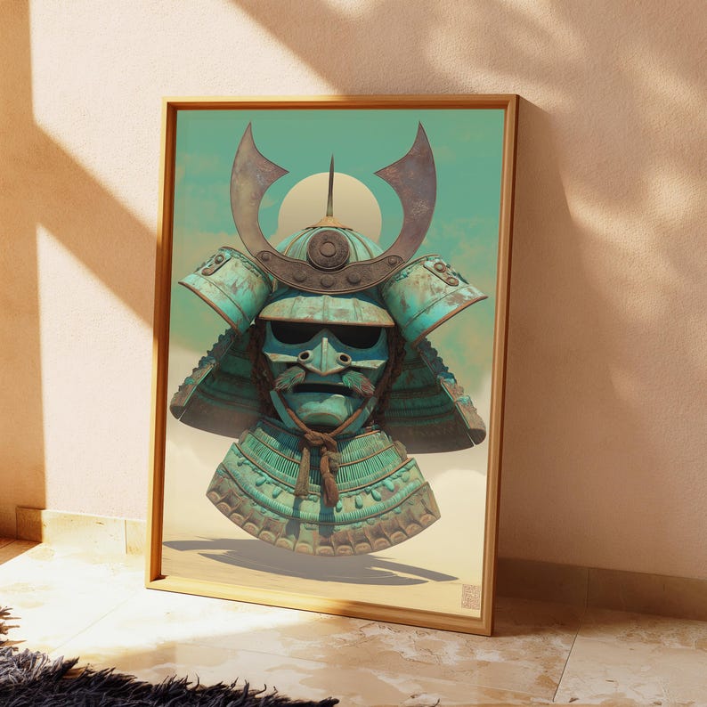 May include: A framed wall art print featuring a weathered teal samurai helmet with a prominent crescent-shaped crest and a matching face mask. The armor displays a textured, oxidized metal finish against a pale sky and a circular sun background.