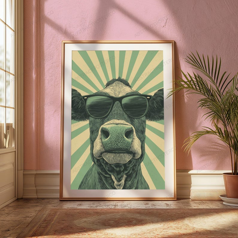 May include: A framed wall art print featuring a stylized illustration of a cow wearing black sunglasses. The cow is centered against a background of alternating light green and cream-colored sunburst rays, creating a bold graphic composition.