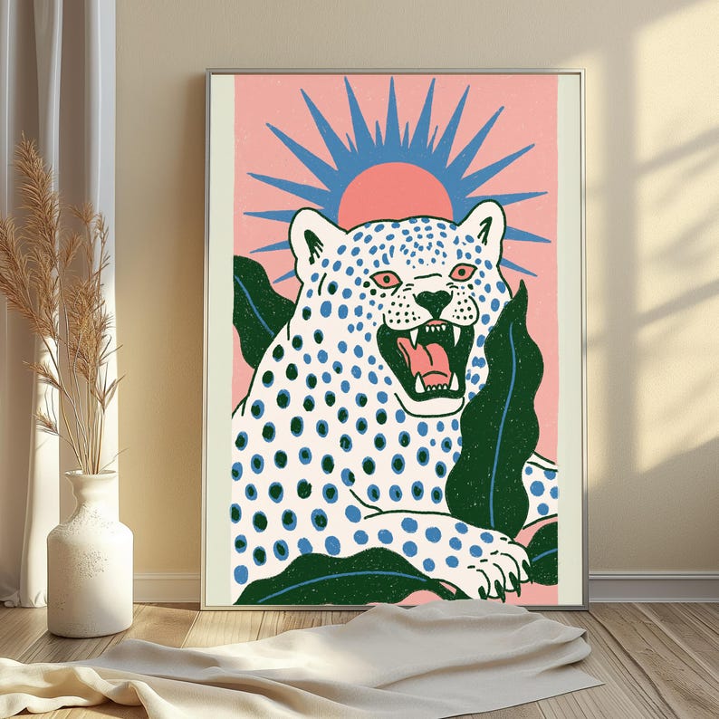 Roaring Leopard Pop Art Print | Bold Spotted Big Cat Wall Art | Minimalist Boho Home Decor | Digital Download A3 A2 A1 image 3