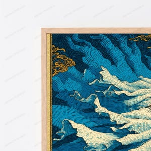 May include: A framed wall art print featuring a stylized graphic illustration of deep blue swirling waves and white foam crests, accented with golden cloud-like shapes, all enclosed within a light-toned wooden frame with a thin gold inner border.