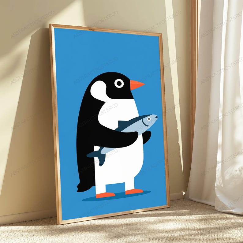 Penguin with Fish Pop Art Print | Minimalist Bird Wall Art | Fun Coastal Decor 画像 4