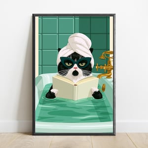 Stampa di un gatto nero con occhiali da sole per vasca da bagno / Divertente arte murale con gatto / Arredamento minimalista per la casa / Download digitale A3 A2 A1 immagine 7