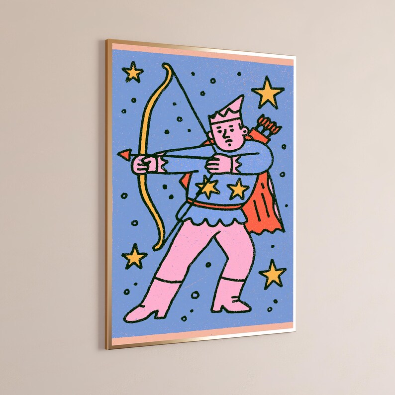Lámina de arte pop de arquero mago rosa / Arte mural de personaje mágico / Decoración fantástica colorida / Descarga digital A3 A2 A1 imagen 9