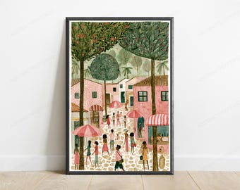 Bustling Market Village Square Wall Art | Minimalist Illustration Print | Community Summer Scene | Digital Download A3 A2 A1