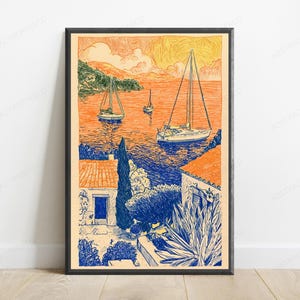 May include: A framed art print featuring a coastal scene with sailboats on orange water, Mediterranean-style houses with orange roofs, a tall cypress tree, and blue foliage in the foreground, rendered in a detailed, sketch-like ink style.
