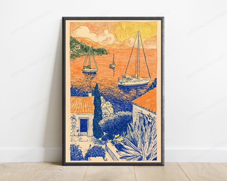 May include: A framed art print featuring a coastal scene with sailboats on orange water, Mediterranean-style houses with orange roofs, a tall cypress tree, and blue foliage in the foreground, rendered in a detailed, sketch-like ink style.