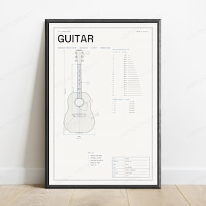 Plano técnico de guitarra acústica Dreadnought / Arte de ingeniería musical vintage / Decoración de pared