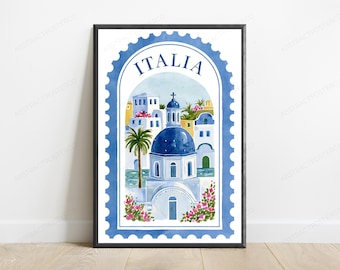 Italia Mediterranean Village Watercolor Print | Blue Dome Church Wall Art | Travel Home Decor | Digital Download A3 A2 A1