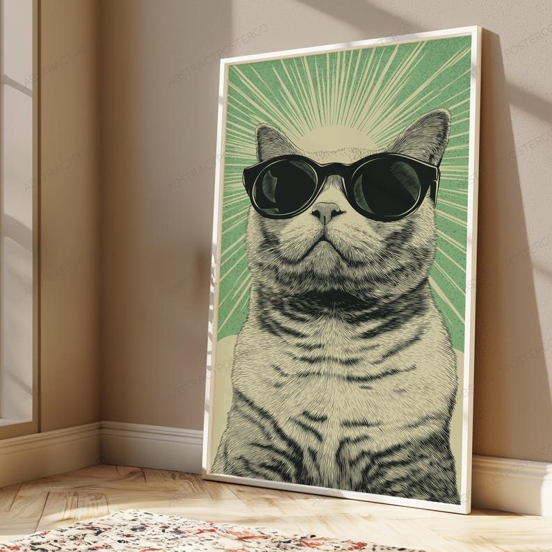 May include: A framed vertical wall art print featuring a detailed illustration of a tabby cat wearing black sunglasses. The cat is centered against a light green background with radiating white sunburst lines extending from behind its head.