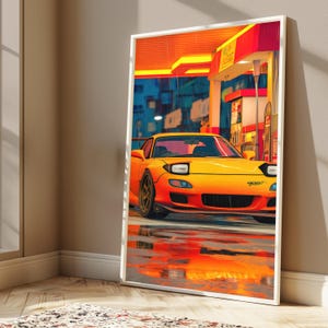 Orange Sportwagen Neon City Regen Druck | JDM Strassenkunst | Cyberpunk Wanddekor | Digitaler Download A3-A2-A1 Bild 4