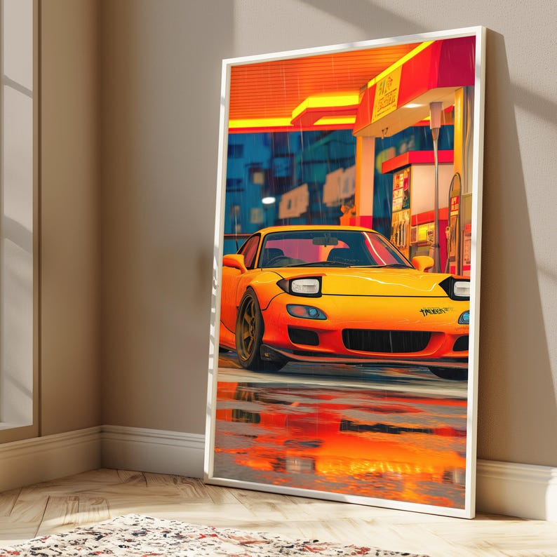 Orange Sportwagen Neon City Regen Druck | JDM Strassenkunst | Cyberpunk Wanddekor | Digitaler Download A3-A2-A1 Bild 4
