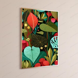 May include: A rectangular wall art print featuring a dense jungle scene with a black background. The composition includes large, stylized leaves in shades of red, green, and teal, interspersed with small yellow berries and textured red fruit clusters.