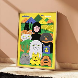 Woman with Pets Mountain Landscape | Minimalist Pop Art | Colorful Animal Lover Wall Decor | Digital Download A3 A2 A1 image 3