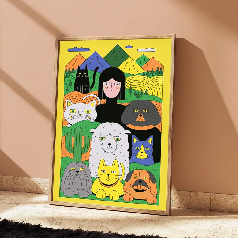 Woman with Pets Mountain Landscape | Minimalist Pop Art | Colorful Animal Lover Wall Decor | Digital Download A3 A2 A1 image 3