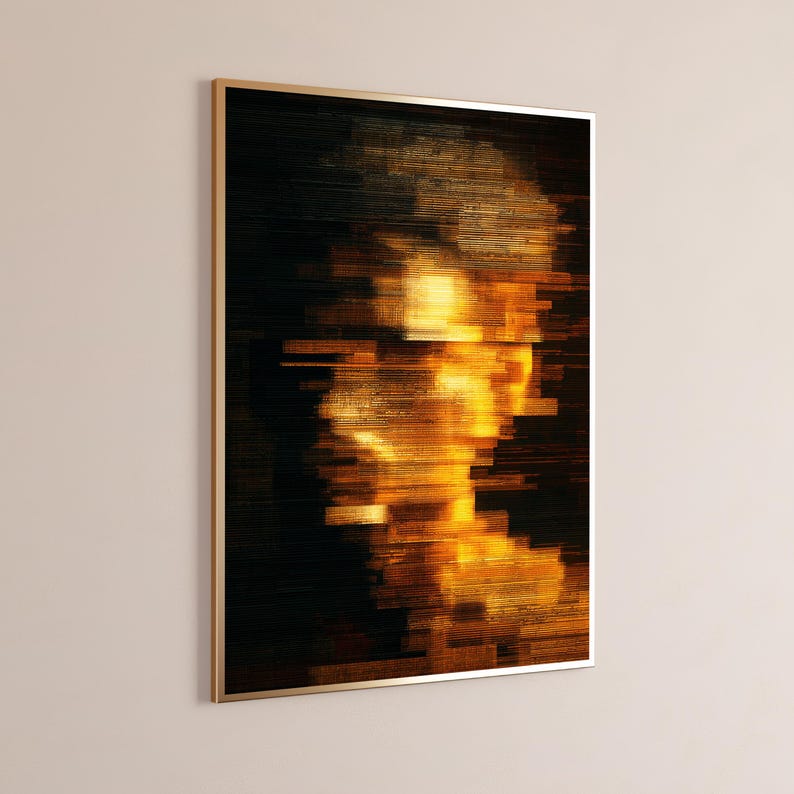 May include: A rectangular wall art piece featuring a digital glitch effect in shades of gold, amber, and black. The composition displays horizontal lines and pixelated textures that form an abstract human silhouette against a dark background.