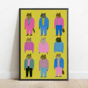 Quirky Squirrels Colourful Outfits Pop Art Print | Fashion Animal Wall Art | Minimalist Home Decor | Digital Download A3 A2 A1 image 1