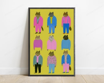 Quirky Squirrels Colourful Outfits Pop Art Print | Fashion Animal Wall Art | Minimalist Home Decor | Digital Download A3 A2 A1