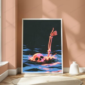 Skeleton Hand Rising from Skull | Synthwave Neon Art Print | Dark Gothic Wall Decor image 5