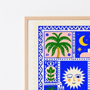 May include: A framed wall art print featuring a postage stamp design with a blue border. The artwork displays a green palm tree on a pink background, a yellow crescent moon, and a stylized sun with a face, all set against a vibrant blue field.