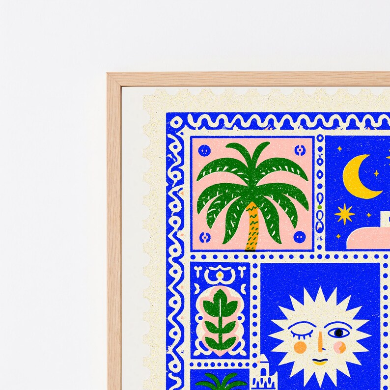 May include: A framed wall art print featuring a postage stamp design with a blue border. The artwork displays a green palm tree on a pink background, a yellow crescent moon, and a stylized sun with a face, all set against a vibrant blue field.