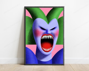 Psychedelic Demon Face Pop Art Print | Neon Monster Wall Art | Colorful Surreal Portrait