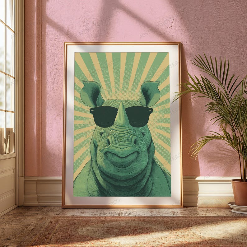 May include: A framed wall art print featuring a green rhinoceros wearing black sunglasses. The rhinoceros is centered against a background of radiating light yellow and green sunburst lines with a subtle dot pattern texture throughout the image.