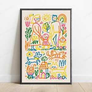 May include: A framed wall art print featuring a colorful, hand-drawn style illustration of a family with two children, a dog, a cat, a house, and a stroller. The vibrant line art uses bright shades of red, yellow, blue, orange, green, and pink.