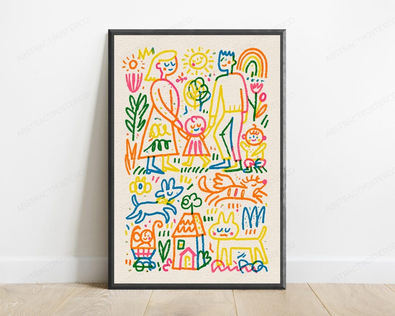 May include: A framed wall art print featuring a colorful, hand-drawn style illustration of a family with two children, a dog, a cat, a house, and a stroller. The vibrant line art uses bright shades of red, yellow, blue, orange, green, and pink.