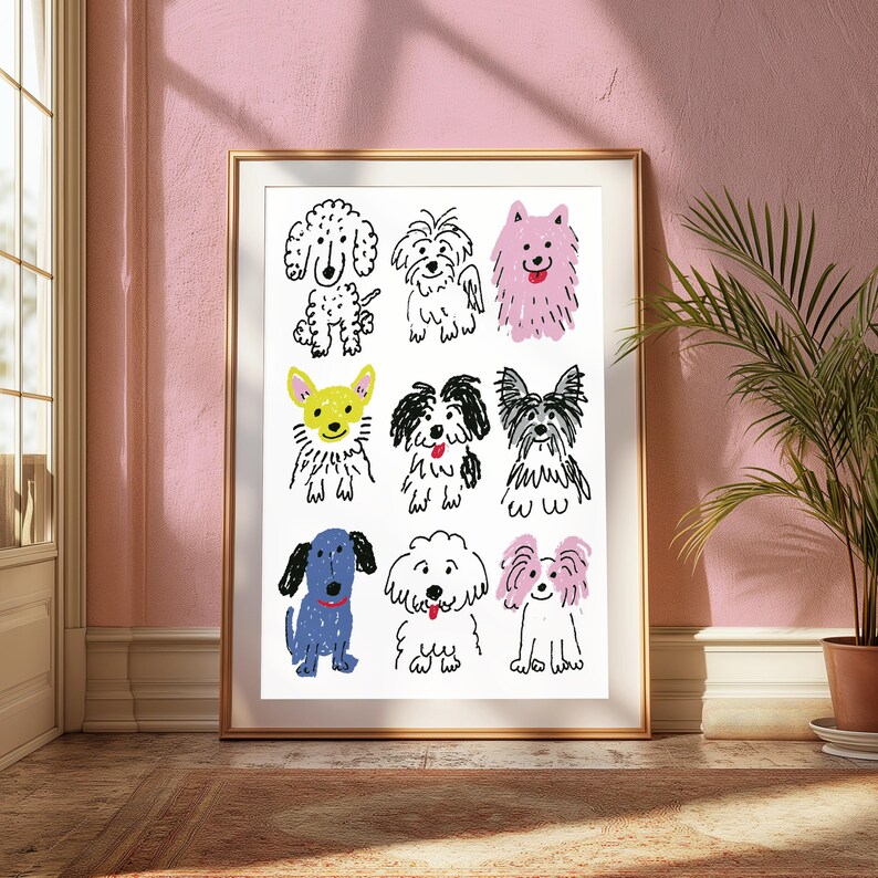 Happy Dogs Minimalist Pop Art Print | Cute Doodle Dog Portraits | Fun Pet Wall Art | Digital Download A3 A2 A1 image 4