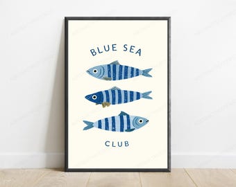Lámina decorativa de peces a rayas del Blue Sea Club / Arte náutico minimalista para pared / Decoración oceánica / Descarga digital A3 A2 A1