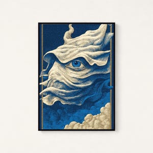 May include: A framed rectangular art print featuring a stylized, cream-colored swirling cloud formation with a single, piercing blue eye at its center. The background is a deep, textured blue, with additional cream-colored clouds at the bottom edge.