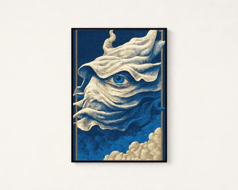 May include: A framed rectangular art print featuring a stylized, cream-colored swirling cloud formation with a single, piercing blue eye at its center. The background is a deep, textured blue, with additional cream-colored clouds at the bottom edge.