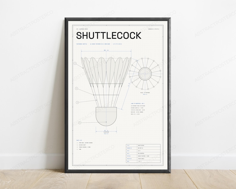 Shuttlecock Technical Blueprint Print | Badminton Sports Equipment Diagram | Vintage Engineering Art image 1