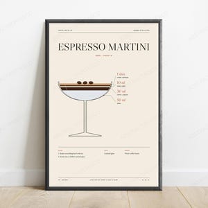 Espresso Martini Cocktailrezept zum Ausdrucken in Creme | Minimalistische Bar-Kunst | Küchenwanddekoration