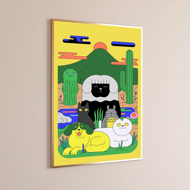 May include: A rectangular wall art print featuring a vibrant yellow background with a landscape illustration. The scene depicts a green mountain, a tall cactus, a round cactus, and a group of stylized animals including a yellow dog and a white cat.